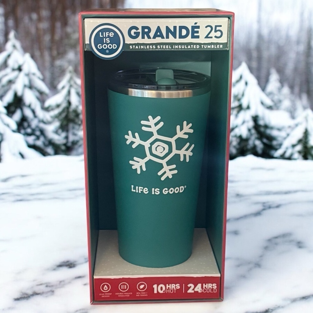 NEW Life is Good Green and White Snowflake Stainless‎ Steel Tumbler with Straw